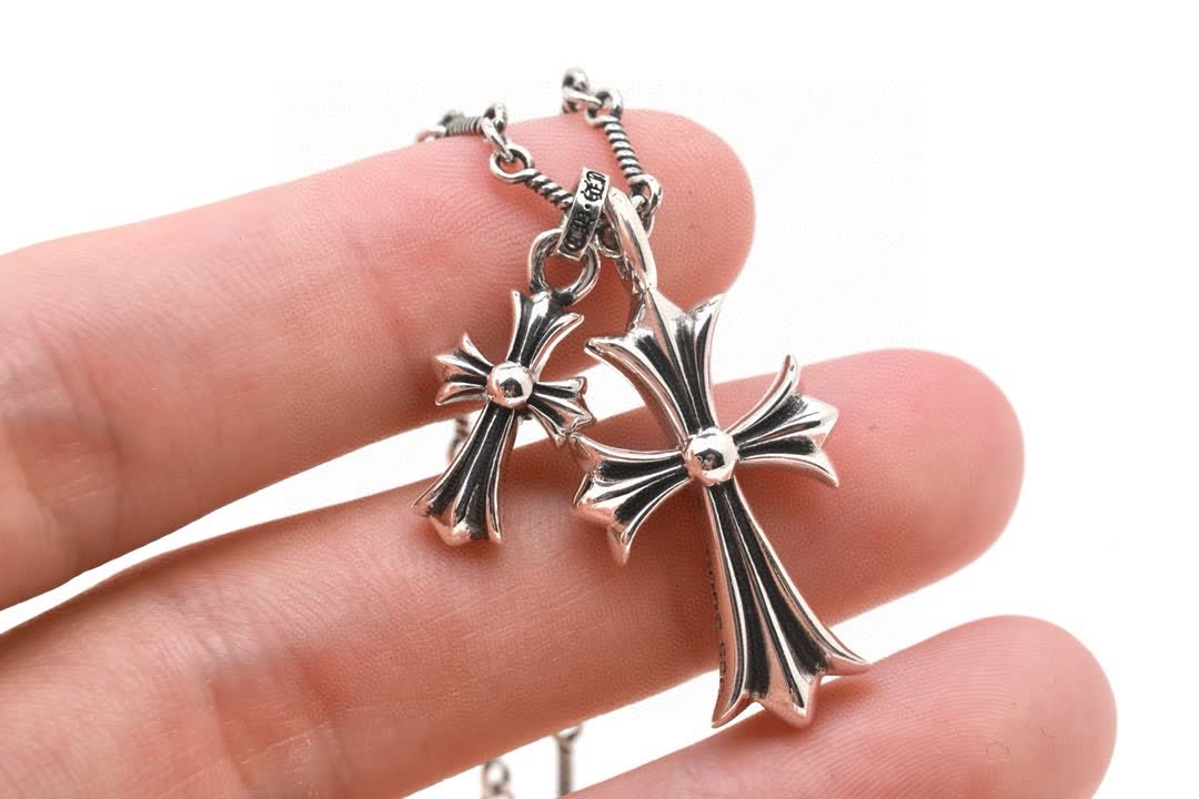 Chrome Hearts Silver Cross Pendant with Black Stones